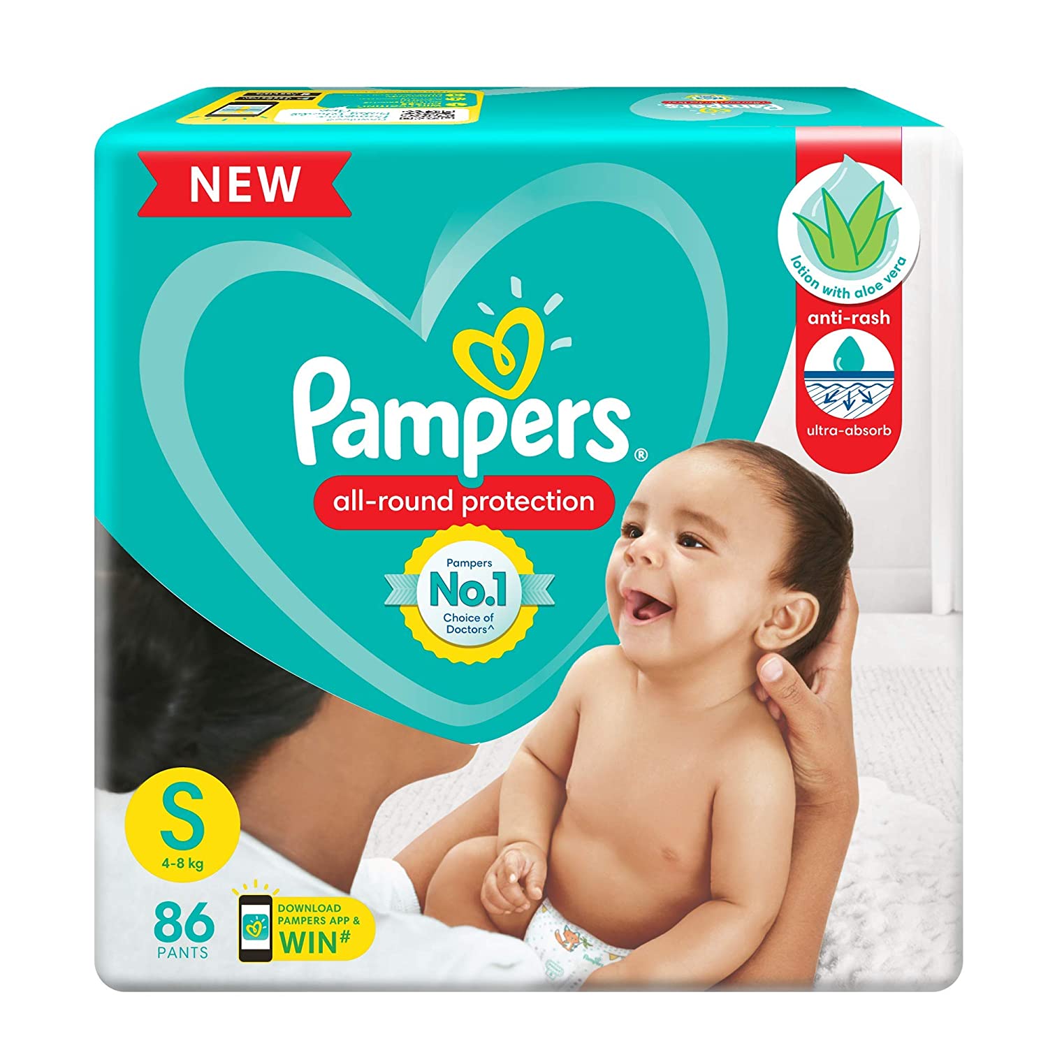 Pampers All round Protection Pants, Small size baby diapers (SM) 86 Count, Lotion with Aloe Vera