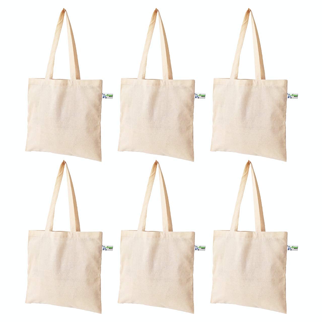 Vantagekart Natural Cotton Plain Tote Shopping Bags with Extra Strong 13″ Handle | Hold 35 lbs | Heavy Duty, Washable, Eco Friendly Biodegradable Canvas Multipurpose Grocery Bag – Set of 6