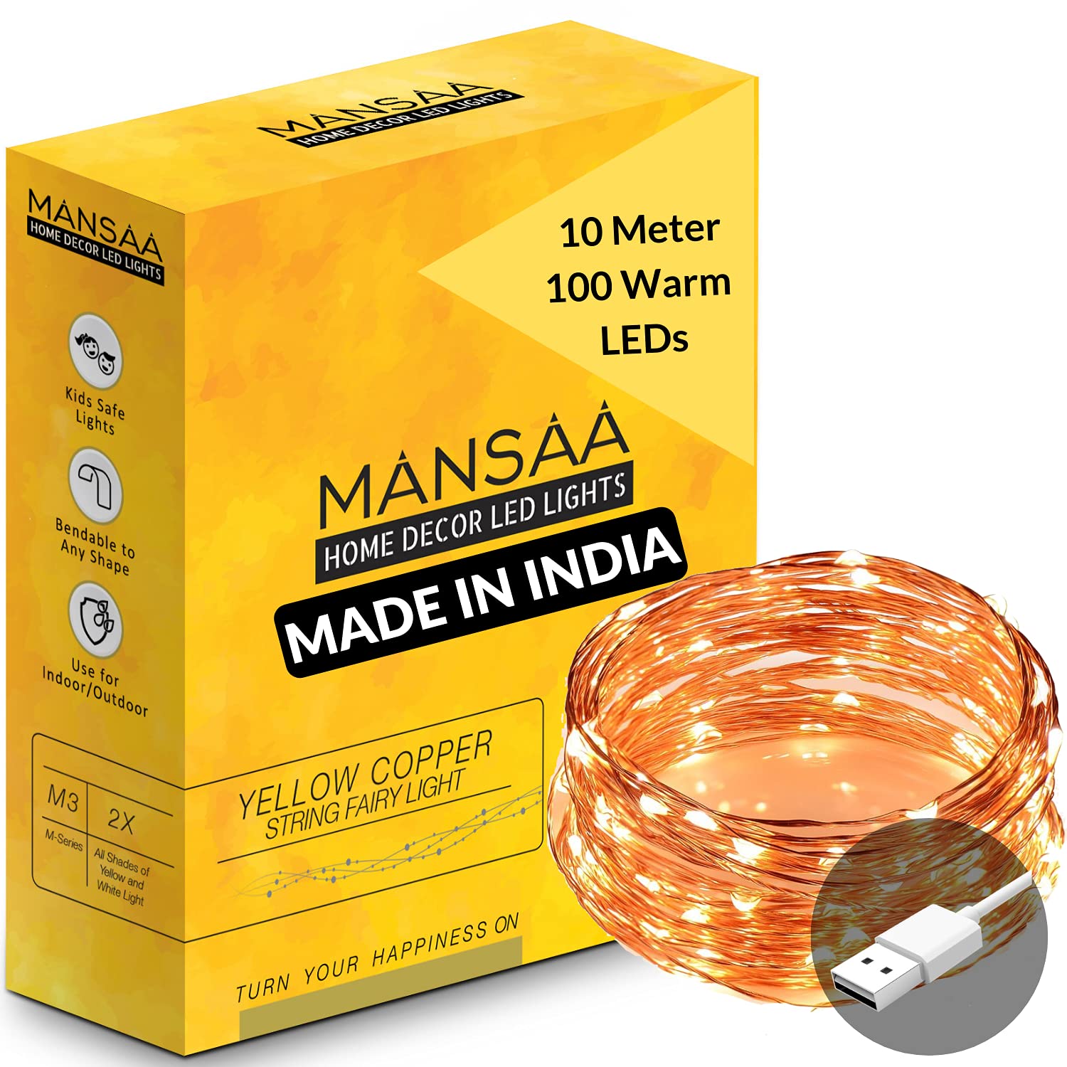 MANSAA® 10 MTR 100 LED USB String Light for Decoration, 1 Warm White LED Light with USB, Made in India, Pack of 1