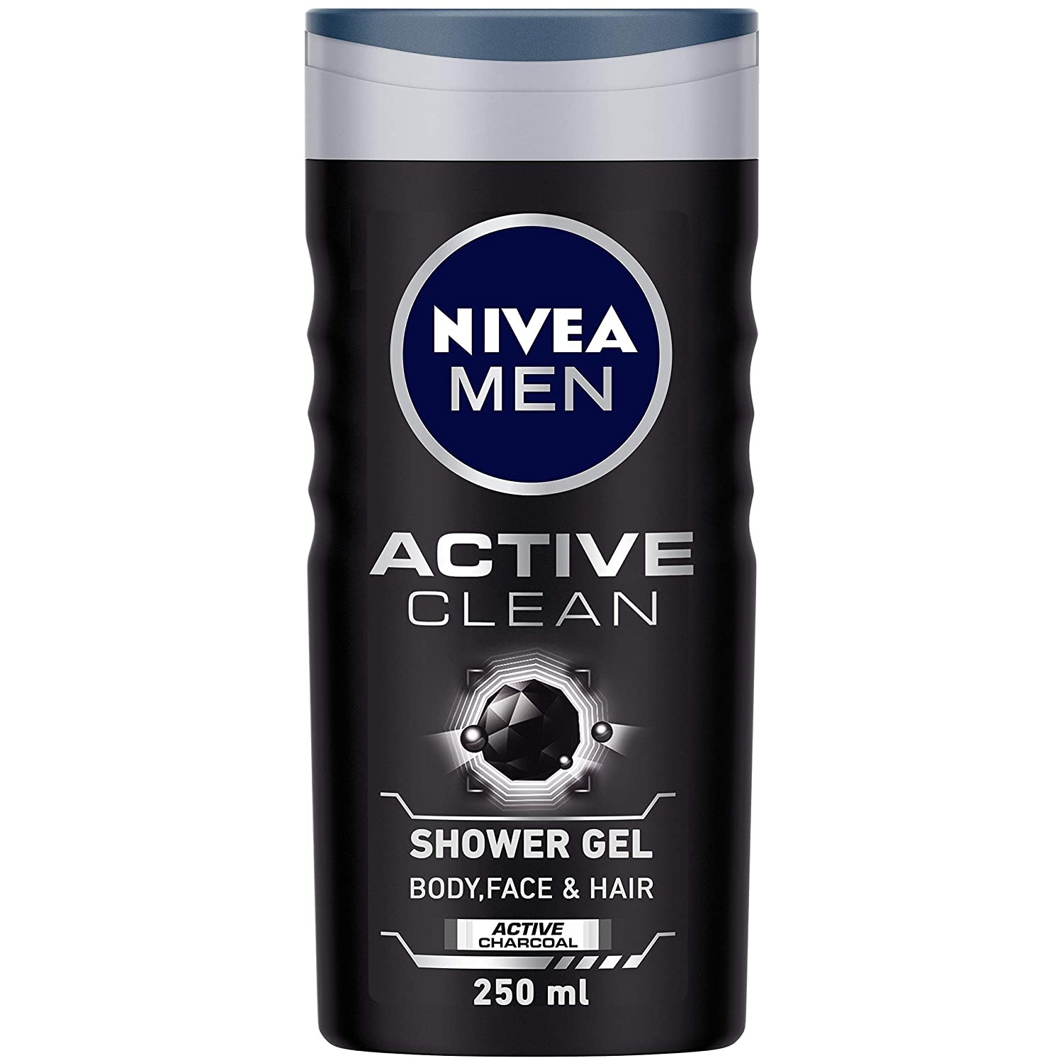 NIVEA Men Body Wash, Active Clean with Active Charcoal, Shower Gel for Body, Face & Hair, 250 ml