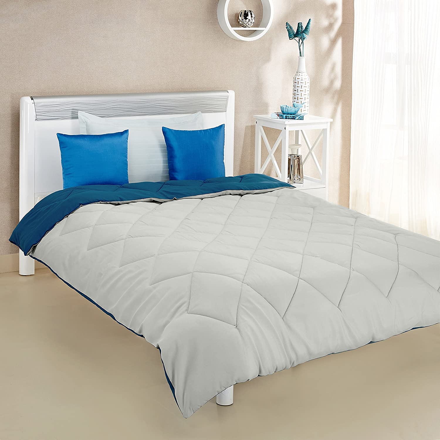 Amazon Brand – Solimo Microfibre Reversible Comforter, Single (Ash Grey & Deep Teal, 200 GSM)