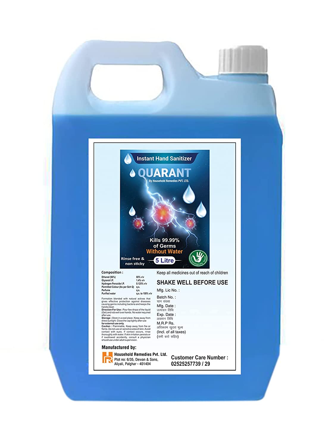 QUARANT 80% Alcohol Based Instant Hand Sanitizer Refill Pack, Kills 99.95% Germs, WHO Recommended Formula & FDA Approved, 5 Litres
