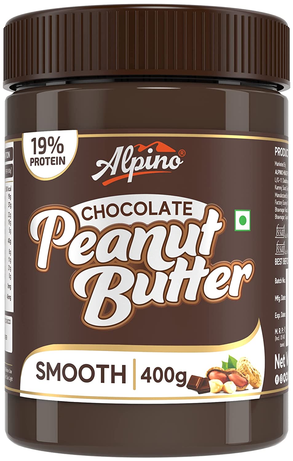 Alpino Chocolate Peanut Butter Smooth 400 G | 19 G Protein | High Protein Peanut Butter Creamy | Gluten-Free | Vegan
