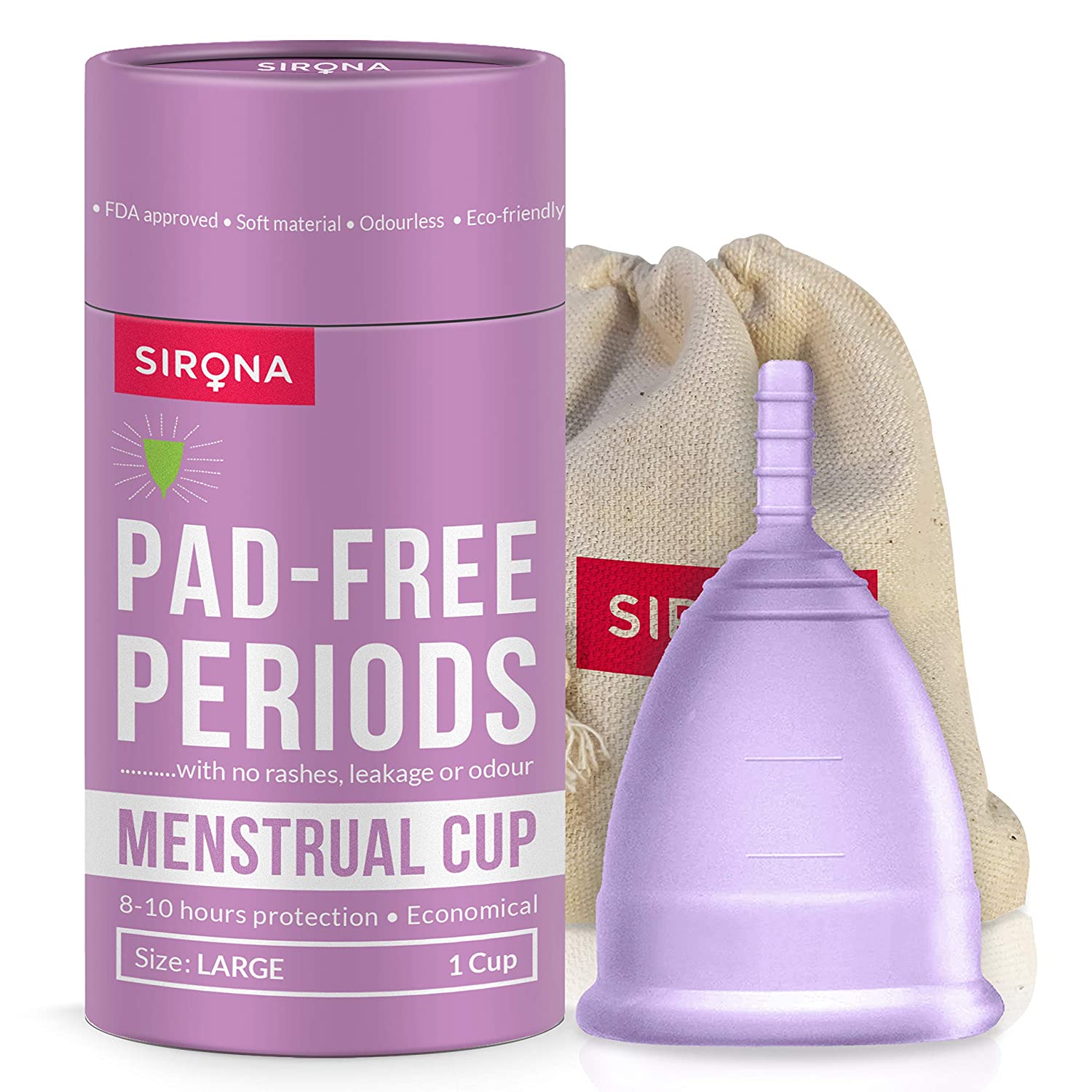 Sirona Reusable Menstrual Cup for Women – Large Size with Pouch, Ultra Soft, Odour and Rash Free, No Leakage, Protection for Up to 8-10 Hours, FDA Approved