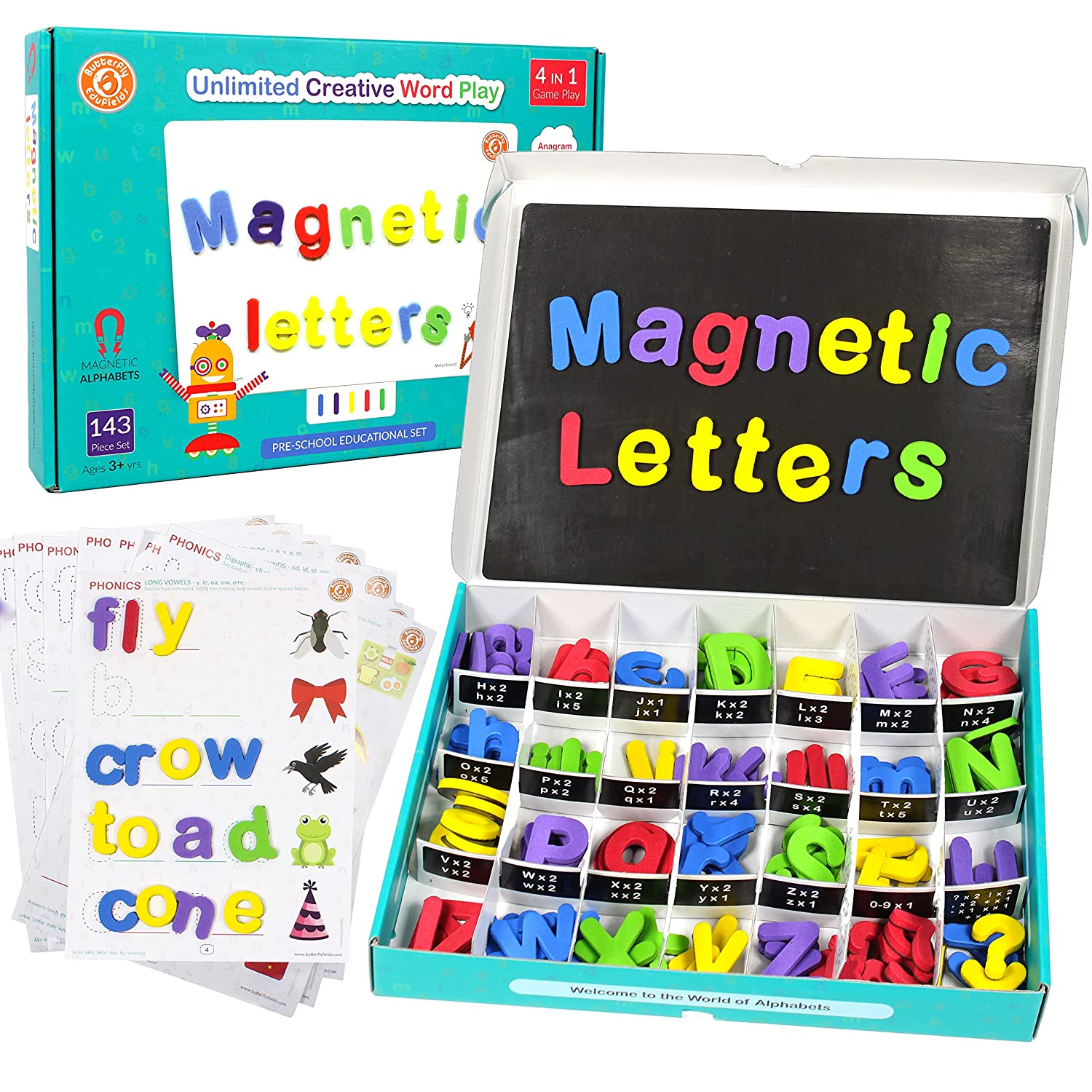 ButterflyEdufields 4in1 Fun Alphabets – 143 Magnetic Letters Numbers for Kids with Board, Foam-Made & Phonics Spelling Guide, ABCD Learning Educational Toys for 3 4 5 Years Boys Girls